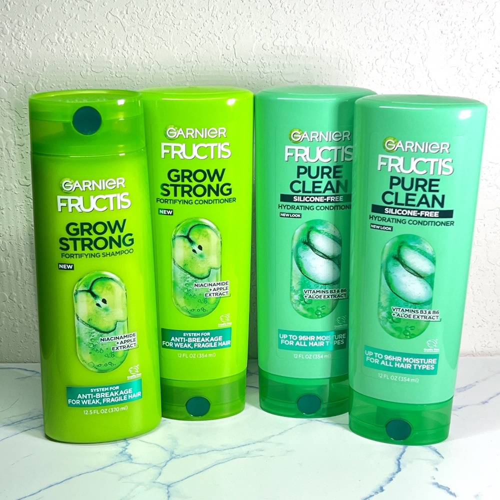 NEW Garnier Fructis Shampoo & Conditioner 4pk BUNDLE Grow Strong + Pure Clean